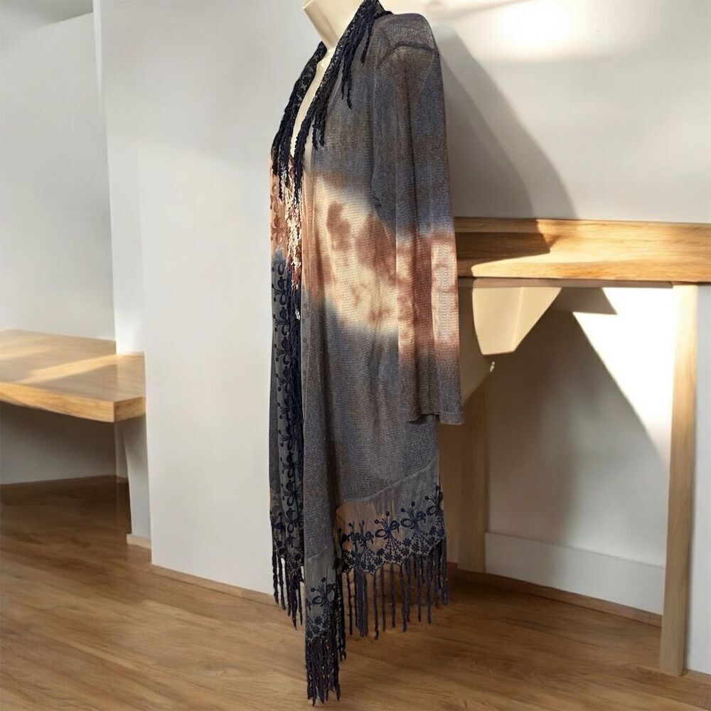 BKE by Buckle Gray Tan Ombré Navy Blue Fringe Open Front Cardigan Boho Sweater - Picture 4 of 10